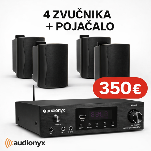 AUDIONYX CAFFE - 4 ZVUČNIKA I POJAČALO - RADIO, BLUETOOTH, USB, AUX - IDEALNO ZA KAFIĆE I RESTORANE